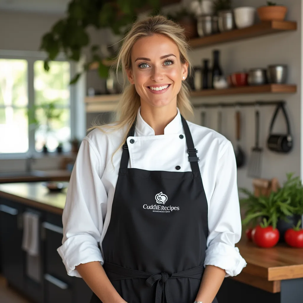 About Me Cuddle Recipes. A smiling blonde woman in her 40s, wearing a professional chef's uniform with a black apron that has the "Cuddle Recipes" logo. She stands confidently in a modern kitchen with wooden shelves, potted plants, and cooking utensils in the background. The kitchen has a warm and inviting atmosphere with natural light streaming through a window