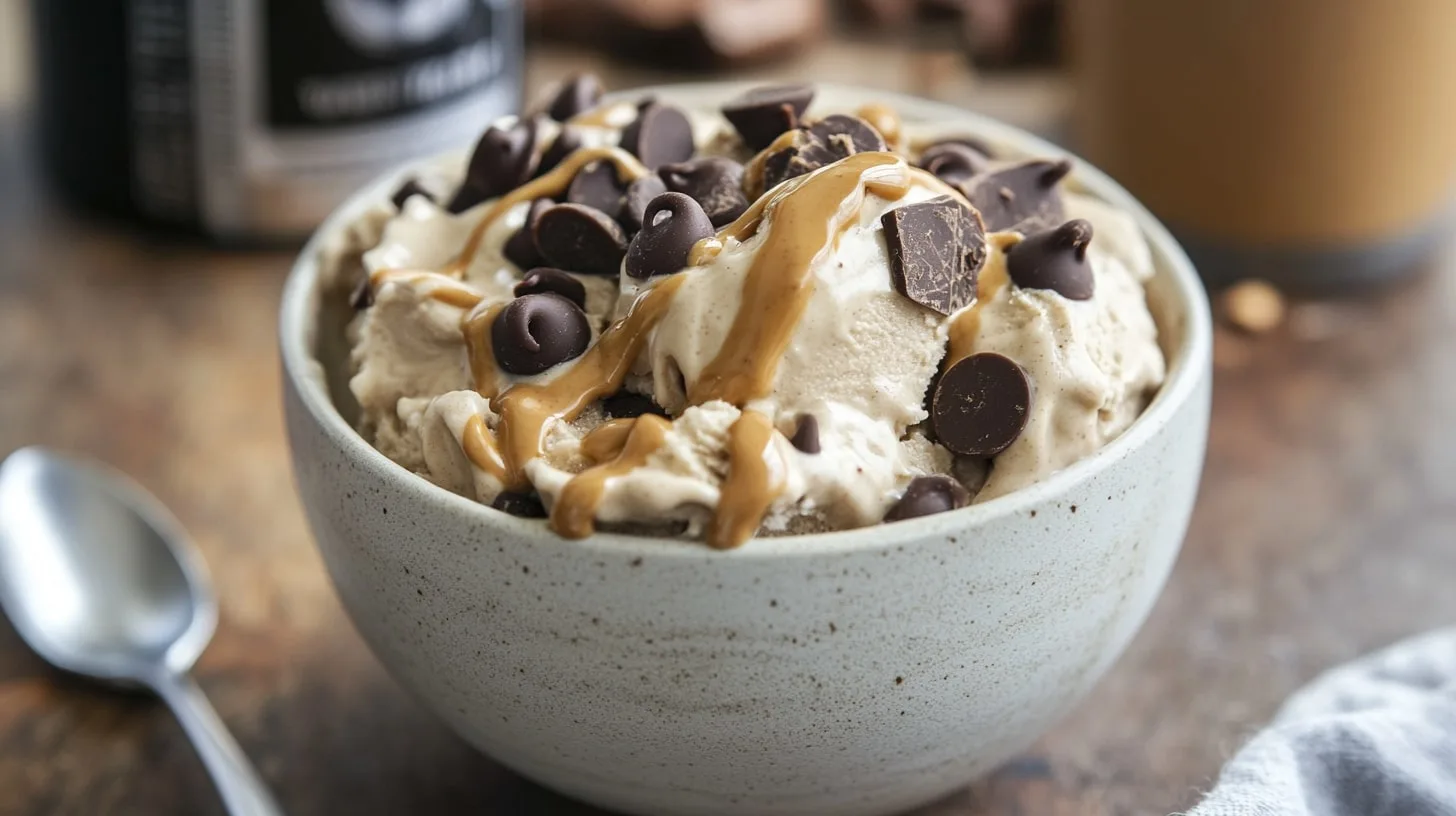 A bowl of Creami Protein Ice Cream topped with chocolate chips and peanut butter drizzle, placed on a kitchen counter.