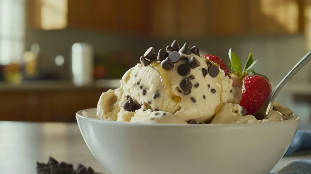 Can You Put a Protein Shake in Ice Cream? 2 A bowl of homemade protein ice cream topped with fresh fruit, honey, and dark chocolate chips for extra flavor