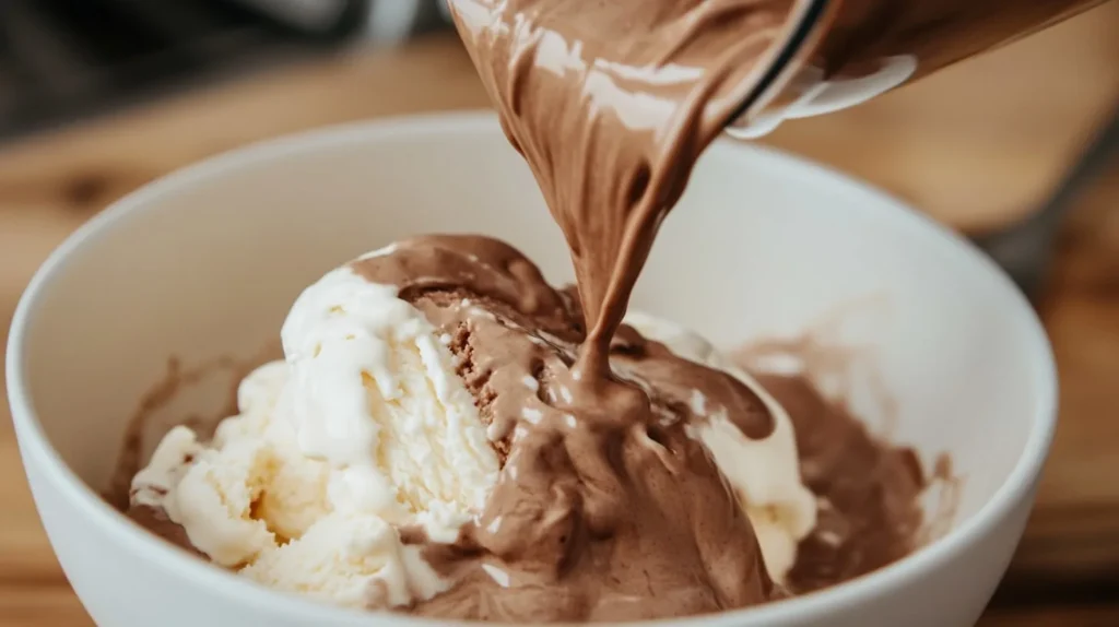 Can You Put a Protein Shake in Ice Cream? 3 A chocolate protein shake being poured into vanilla ice cream, creating a creamy high-protein dessert.Can You Put a Protein Shake in Ice Cream?