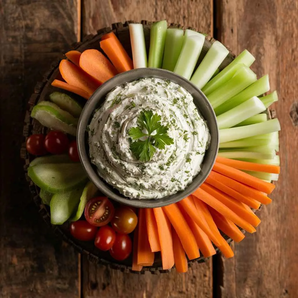 What is cream cheese dip made of? 5 Irresistible Ingredients 5 What is cream cheese dip made of?.A colorful platter with garlic herb cream cheese dip and fresh vegetables