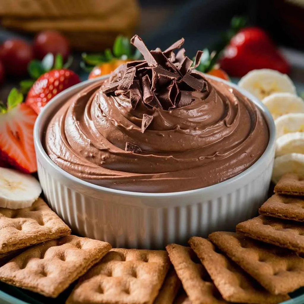 What are different kinds of dips?5 Delicious Types 3 What are different kinds of dips?.A bowl of chocolate cream cheese dip garnished with chocolate shavings, surrounded by fruits and cookies.