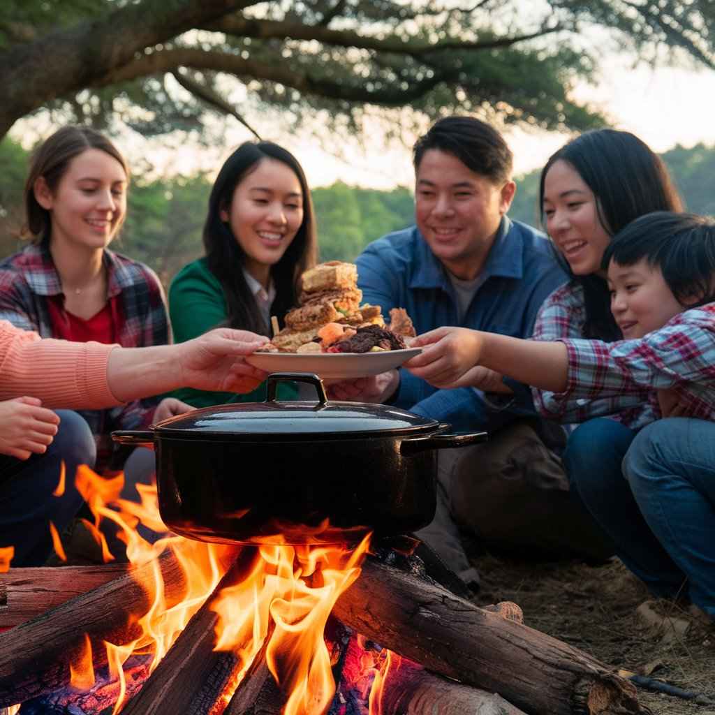 Dutch oven camping recipes 5 Irresistible Dutch 5 Family enjoying a meal around a campfire with a Dutch oven cooking in the flames, laughter and joy filling the camping scene.Dutch oven camping recipes