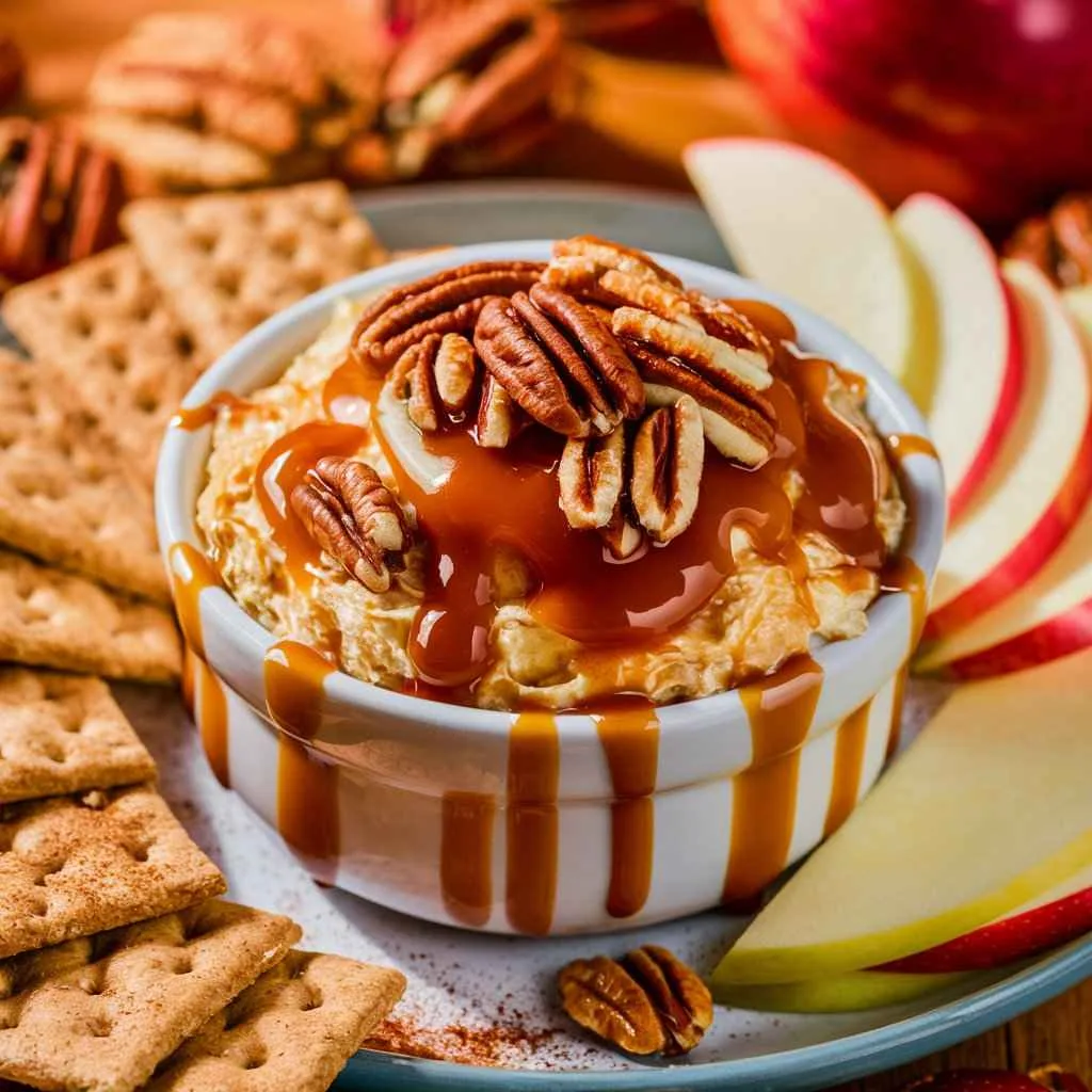 What is cream cheese dip made of? 5 Irresistible Ingredients 4 A festive plate with caramel cream cheese dip topped with pecans.What is cream cheese dip made of?
