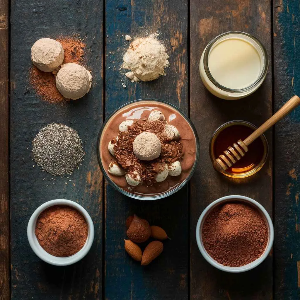 What is protein pudding made of? 3 Key Ingredients Delicious 2 Flat lay of protein pudding ingredients including protein powder, milk, and sweeteners.What is protein pudding made of?