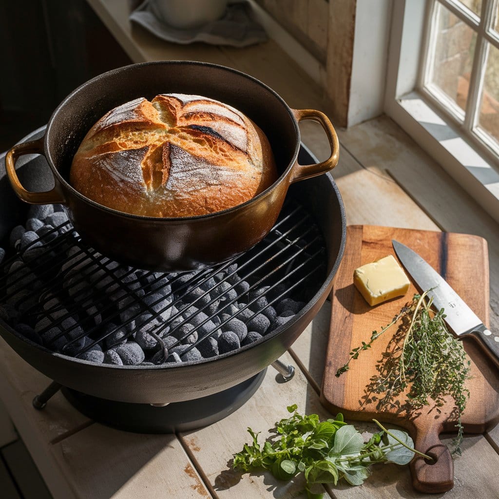 Dutch oven camping recipes 5 Irresistible Dutch 3 Golden-brown bread baked in a Dutch oven, surrounded by charcoal briquettes, with butter and herbs on a wooden cutting board nearby.Dutch oven camping recipes