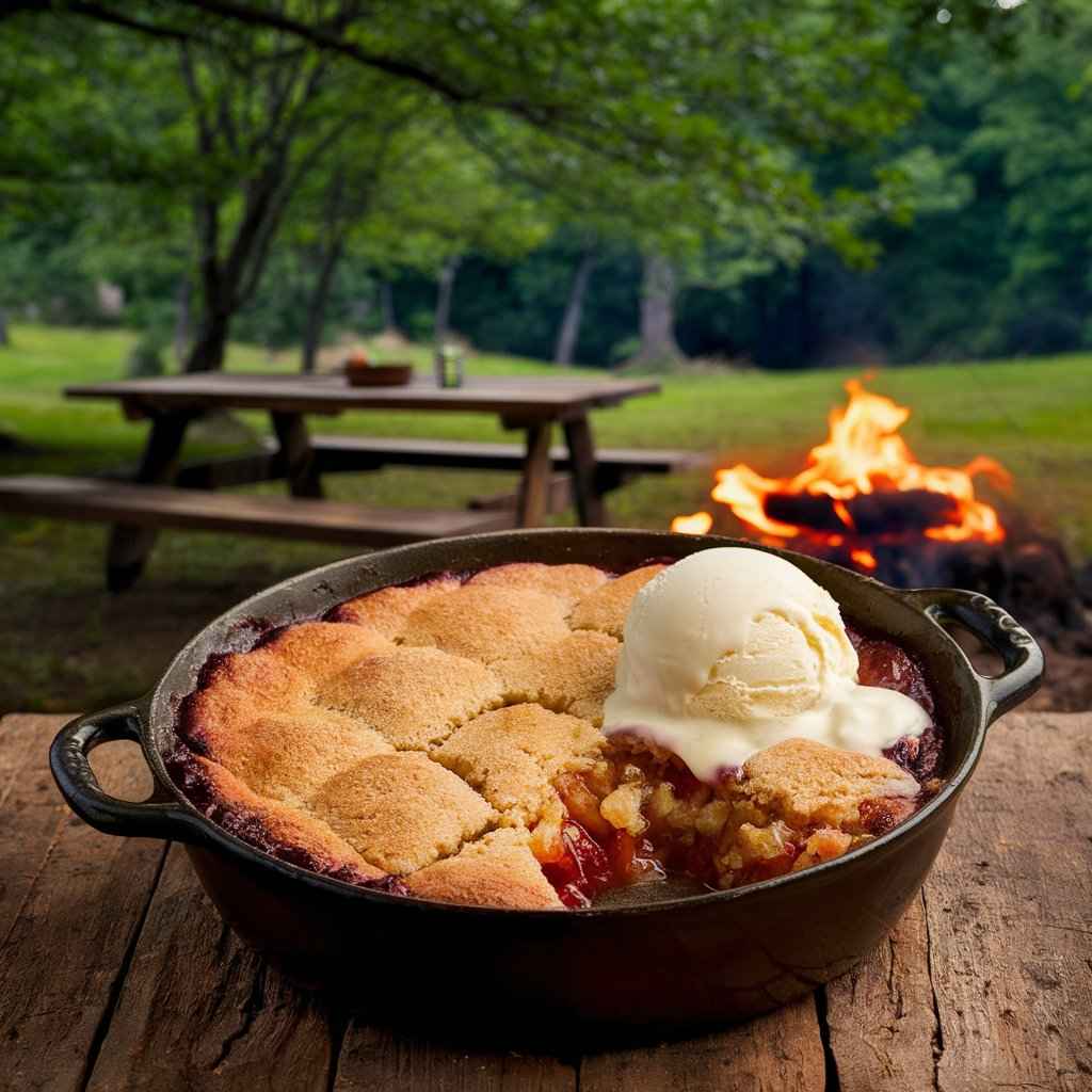 Dutch oven camping recipes 5 Irresistible Dutch 4 Freshly baked cobbler in a Dutch oven, topped with vanilla ice cream, with a glowing campfire and trees in the background.Dutch oven camping recipes