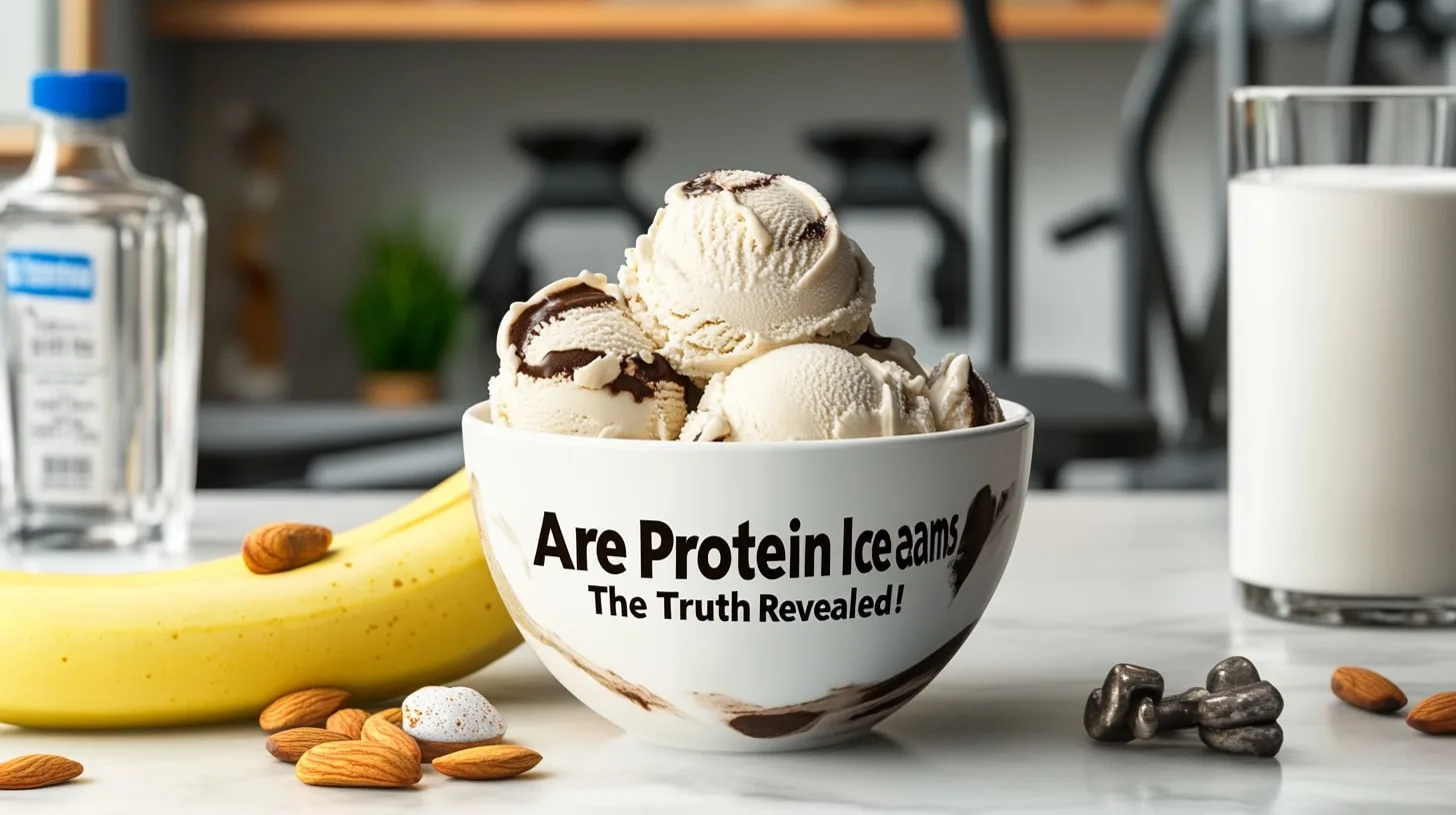 Are Protein Ice Creams Healthy?.A bowl of protein ice cream with healthy ingredients like whey protein powder, almonds, and milk, with a subtle gym-themed background.