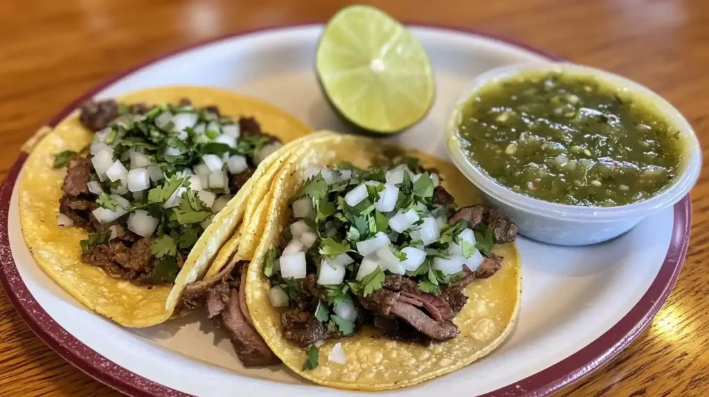 Beef Tongue Tacos.Irresistibly Delicious 2 A plate of Beef Tongue Tacos served on corn tortillas with fresh cilantro, onions, and lime, alongside salsa verde.
