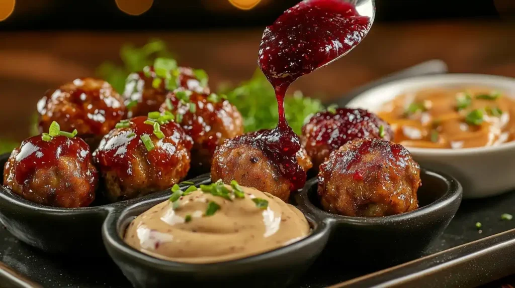 How to Make Meatballs for a Baby Shower Perfect in 5 Steps 6 A variety of sauces for baby shower meatballs, including BBQ, Swedish sauce, and cranberry glaze.