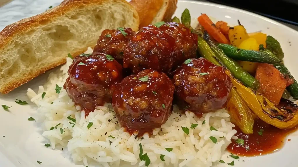 Why Do People Add Grape Jelly to Meatballs? Sweet Secret 7 A full meal featuring grape jelly meatballs, served over rice with roasted vegetables and garlic bread.