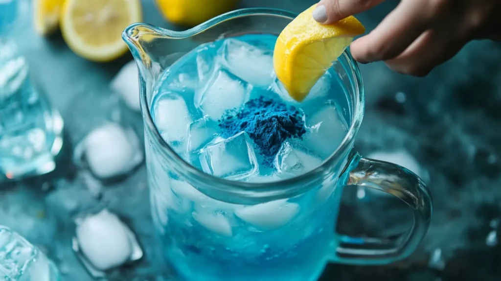 How Can I Make My Lemonade Blue? 5 Easy and Fun Tips 4 A pitcher of fresh lemonade turning blue as blue spirulina powder is stirred in.How Can I Make My Lemonade Blue?