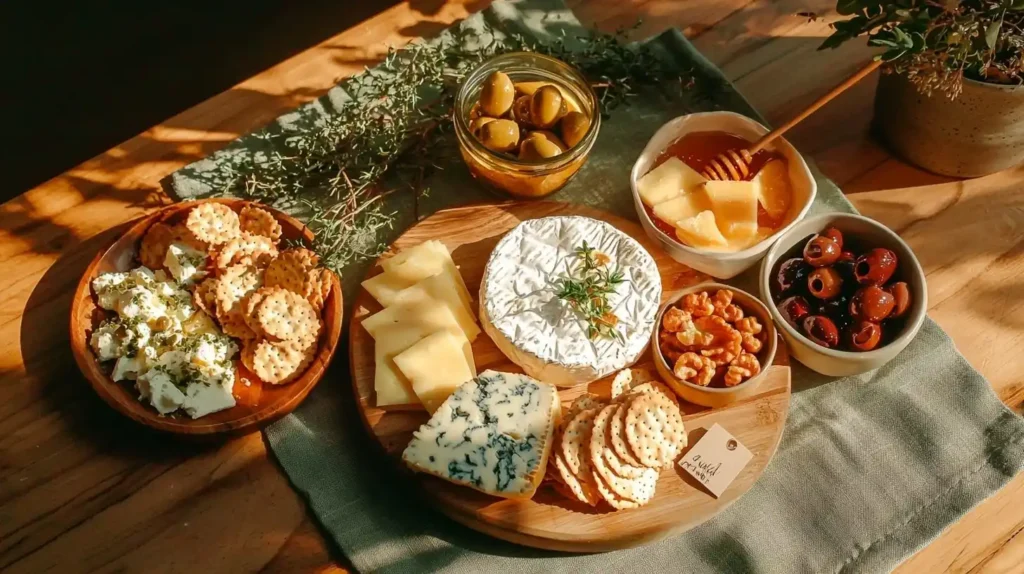 Cheese and Cracker Tray Perfect - Easy Assembly Guide 2 Cheese and Cracker Tray Perfectt ingredients - organized display of cheeses, crackers, fruits, and accompaniments needed for assembly