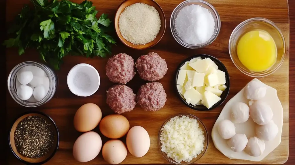 How to Make Meatballs for a Baby Shower Perfect in 5 Steps 3 Ingredients for homemade baby shower meatballs, including ground beef, breadcrumbs, eggs, and seasonings.How to Make Meatballs for a Baby Shower