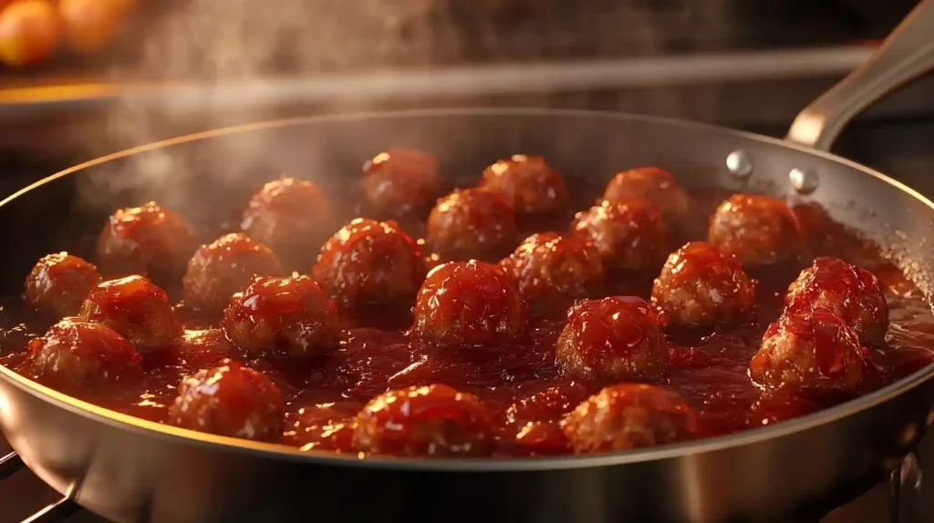 Why Do People Add Grape Jelly to Meatballs? Sweet Secret 5 Meatballs simmering in a grape jelly sauce, coated in a thick, caramelized glaze.