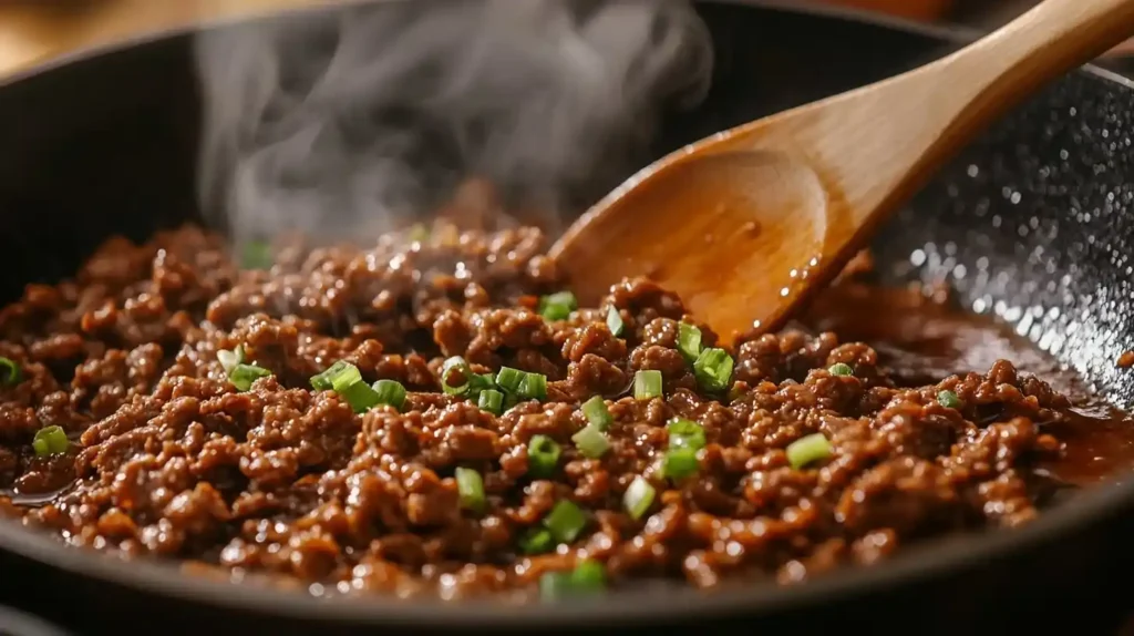 korean ground beef bulgogi 4 Ground beef cooking in a skillet with a sweet-savory bulgogi sauce, garnished with green onions and sesame seeds.