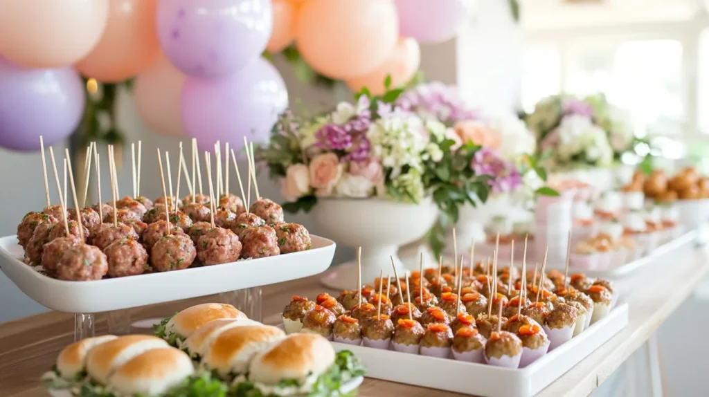 How to Make Meatballs for a Baby Shower Perfect in 5 Steps 7 Three creative ways to serve meatballs at a baby shower—on skewers, as sliders, and in mini cups.