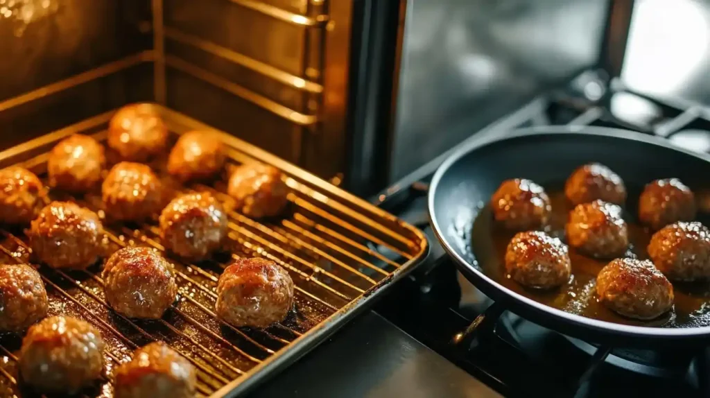 How to Make Meatballs for a Baby Shower Perfect in 5 Steps 4 Meatballs cooking in the oven and on a stovetop, showing different cooking methods.How to Make Meatballs for a Baby Shower