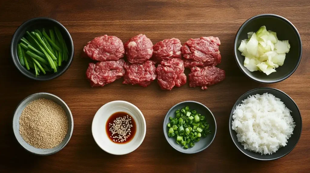 korean ground beef bulgogi 3 All the essential ingredients for Korean Ground Beef Bulgogi, including ground beef, soy sauce, garlic, sesame oil, and gochujang.