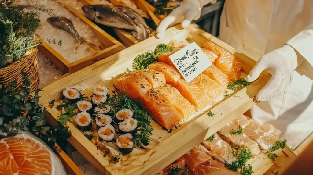 Is Salmon Nigiri Raw? Safety Guide for Home Japanese Cooking 2 Fishmonger displaying sushi-grade salmon labeled 'For Raw Consumption' and 'Previously Frozen for Safety' at clean fish counter.Is Salmon Nigiri Raw? photo 00013