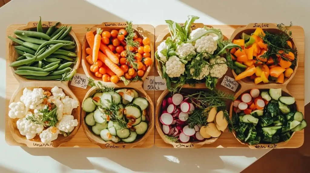 What Are the Best Veggies for a Veggie Tray? Top 12 Fresh Picks 2 Four mini vegetable trays showing best seasonal vegetables for each season: spring, summer, fall, and winter.What Are the Best Veggies for a Veggie Tray? photo 0007