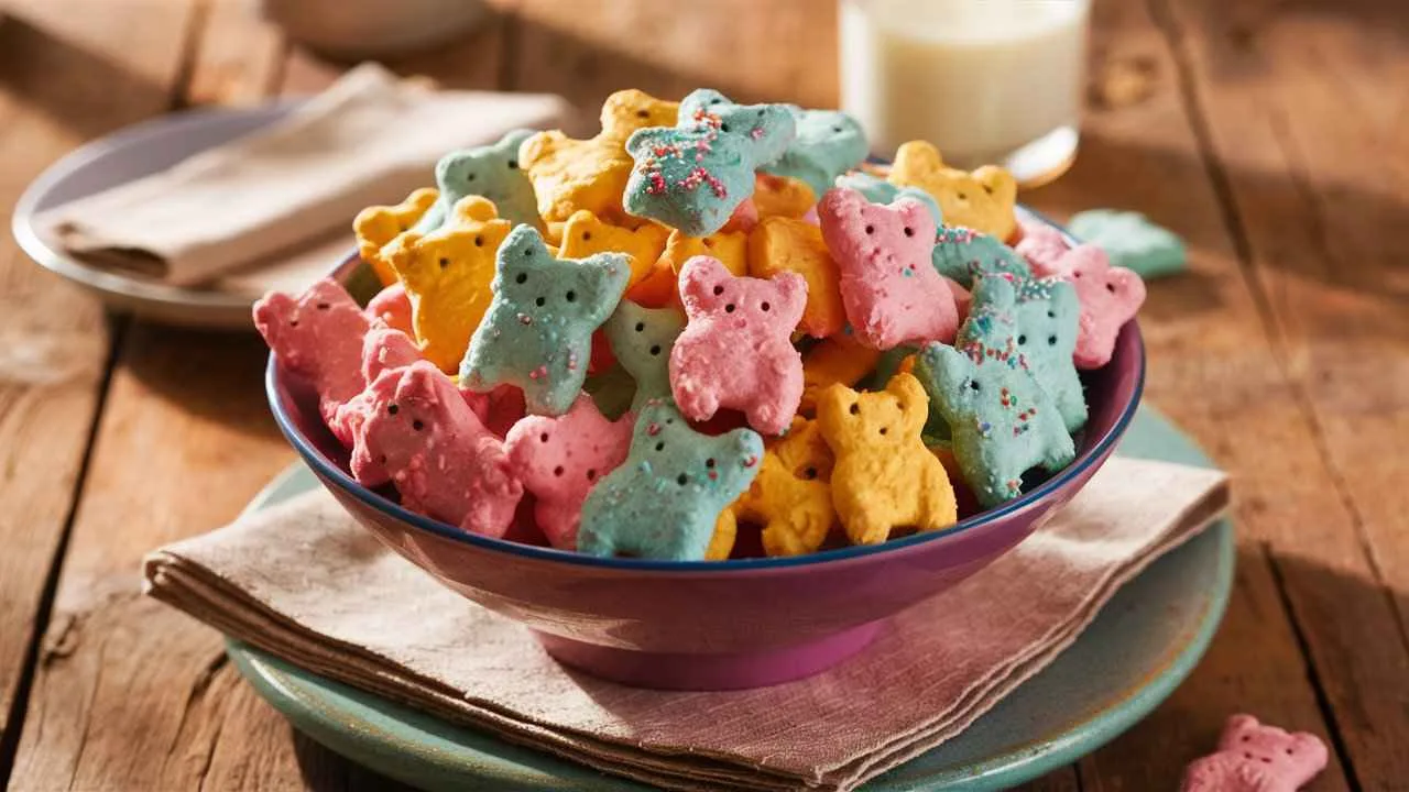 A vibrant bowl of frosted animal crackers with colorful sprinkles.for this recipes What is the frosting in the frosted animal crackers made of?