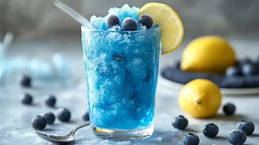 How Can I Make My Lemonade Blue? 5 Easy and Fun Tips 6 A frozen blue lemonade slushy, served in a glass with crushed ice and a lemon slice garnish.