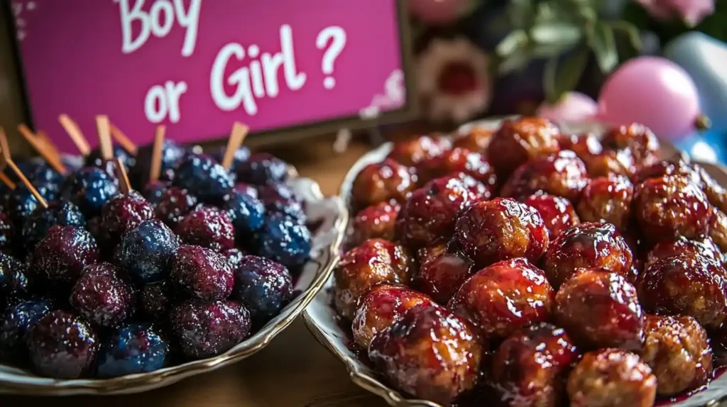 Why Are Meatballs Served at Baby Showers? 5 Gender reveal meatballs with blueberry glaze (boy) and cranberry glaze (girl) served at a baby shower.
