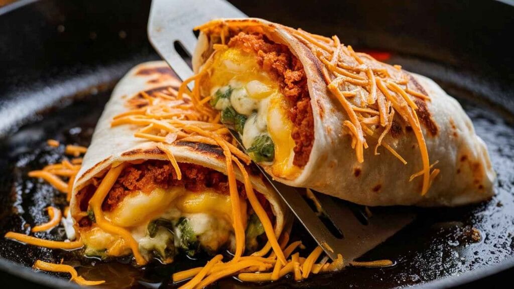 What Comes on a Grilled Cheese Burrito Taco Bell?5 Irresistible Ingredients 3 A grilled cheese burrito sizzling in a skillet, with steam rising. What comes on a grilled cheese burrito Taco Bell?