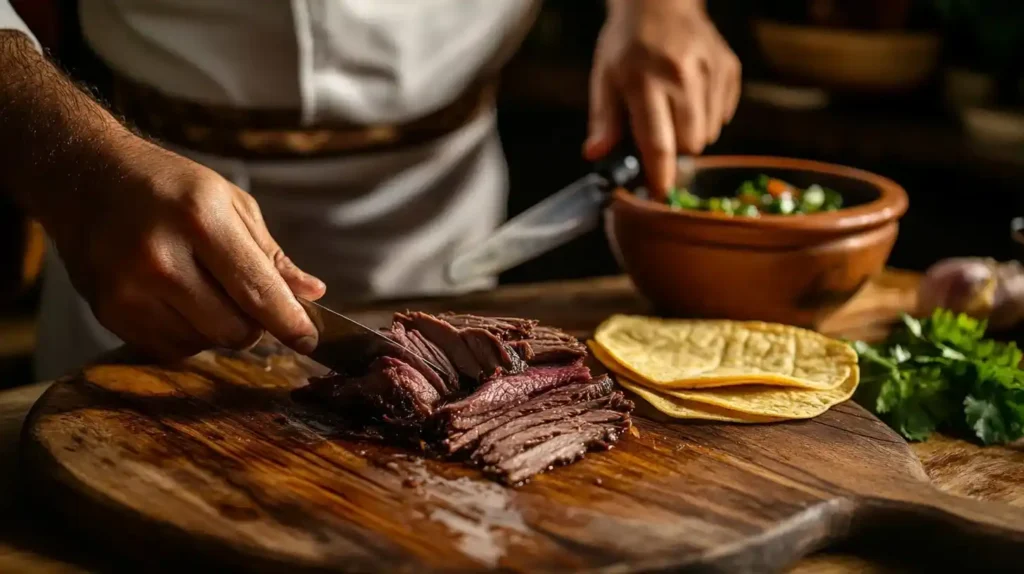 What Are Tacos Made from Cow Tongue Called? 5 Amazing Facts 4 A chef slicing slow-braised beef tongue for tacos in a traditional Mexican kitchen.