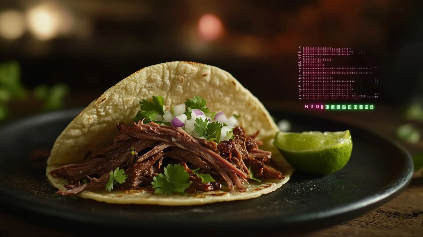 How Many Calories Are In A Beef Brisket Taco?.A high-quality image of a beef brisket taco with a digital-style calorie breakdown overlay, showing its nutritional value.
