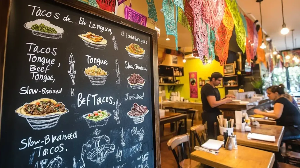What Are Tacos Made from Cow Tongue Called? 5 Amazing Facts 6 A Mexican restaurant menu listing tacos de lengua under different names to appeal to a wide audience.