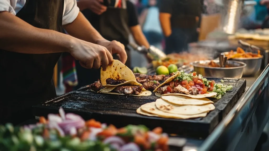 What Are Tacos Made from Cow Tongue Called? 5 Amazing Facts 5 A street vendor in Mexico preparing tacos de lengua for customers in a busy food market.What Are Tacos Made from Cow Tongue Called?