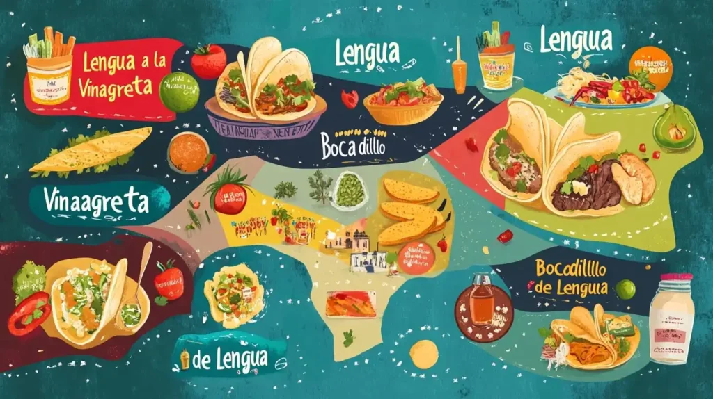 What Are Tacos Made from Cow Tongue Called? 5 Amazing Facts 3 A map showing different names for tacos made from cow tongue across Latin America and Spain.What Are Tacos Made from Cow Tongue Called?