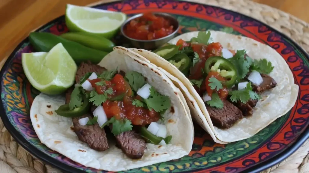Beef Tongue Tacos.Irresistibly Delicious 6 A serving plate with freshly assembled Beef Tongue Tacos, topped with cilantro, onions, and salsa, with lime wedges on the side.