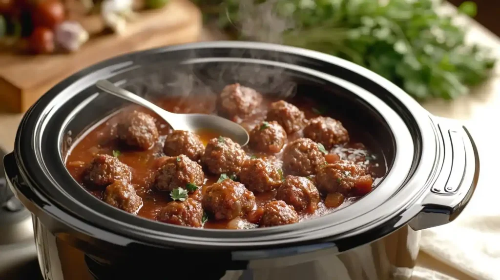 Why Are Meatballs Served at Baby Showers? 4 A slow cooker filled with meatballs, keeping them warm in a rich, tangy sauce.