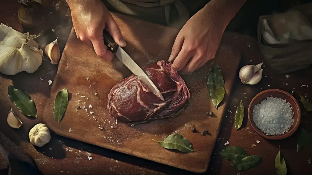 Beef Tongue Tacos.Irresistibly Delicious 3 A raw beef tongue on a wooden cutting board, with a chef trimming it for cooking, surrounded by garlic, bay leaves, and salt.