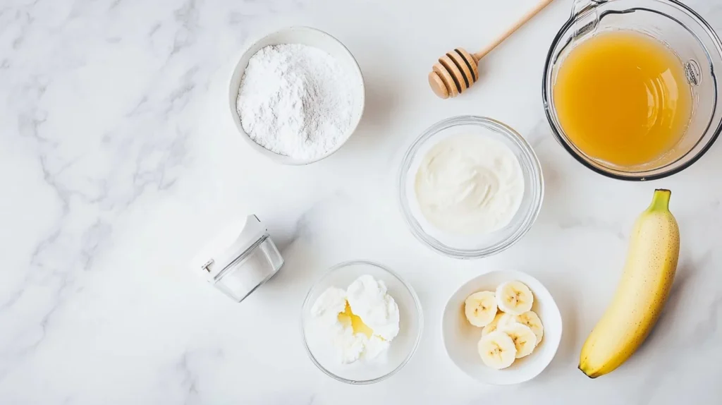 Can You Put a Protein Shake in Ice Cream? 7 Ingredients for making high-protein ice cream, including a protein shake, Greek yogurt, banana, and honey.