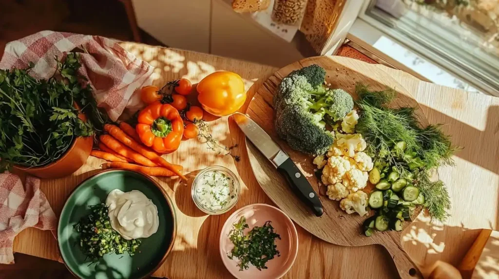 Vegetable Tray: Easy, Fresh Options for Family Gatherings 2 Ingredients for homemade vegetable tray photo 002 including assorted fresh vegetables, herbs, and dip ingredients arranged on wooden surface with serving platter