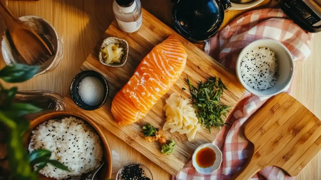 Salmon Nigiri: Easy Homemade Japanese Classic for Families 2 Ingredients for salmon nigiri photo 00011 including sushi-grade salmon, short-grain rice, rice vinegar, wasabi, and garnishes arranged on wooden surface