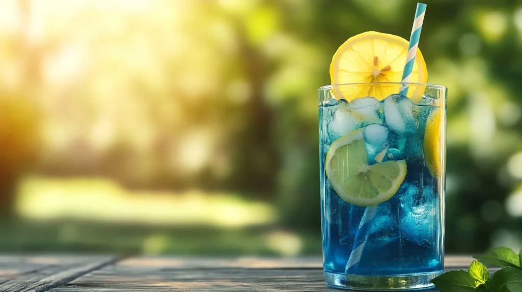 How Can I Make My Lemonade Blue? 5 Easy and Fun Tips 2 Introduction Why Make Blue Lemonade. with ice and lemon slices, served with a straw on a wooden table.How Can I Make My Lemonade Blue?
