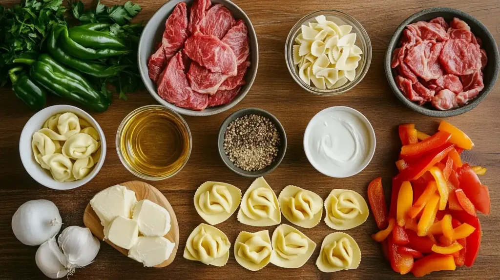 Philly Cheesesteak Tortellini: A Fusion Recipe to Savor 3 All the ingredients needed for Philly Cheesesteak Tortellini, including steak, tortellini, cheese, onions, peppers, and broth.