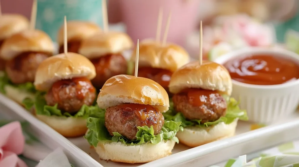 Why Are Meatballs Served at Baby Showers? 6 Mini meatball sliders served at a baby shower, topped with melted cheese and lettuce.
