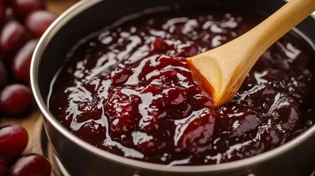Why Do People Add Grape Jelly to Meatballs? Sweet Secret 3 A saucepan with grape jelly and BBQ sauce melting together, creating a thick and glossy meatball sauce.