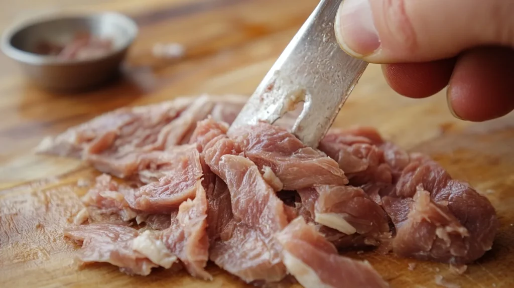 Beef Tongue Tacos.Irresistibly Delicious 5 A cooked beef tongue being peeled, revealing tender, juicy meat, ready to be chopped for tacos.