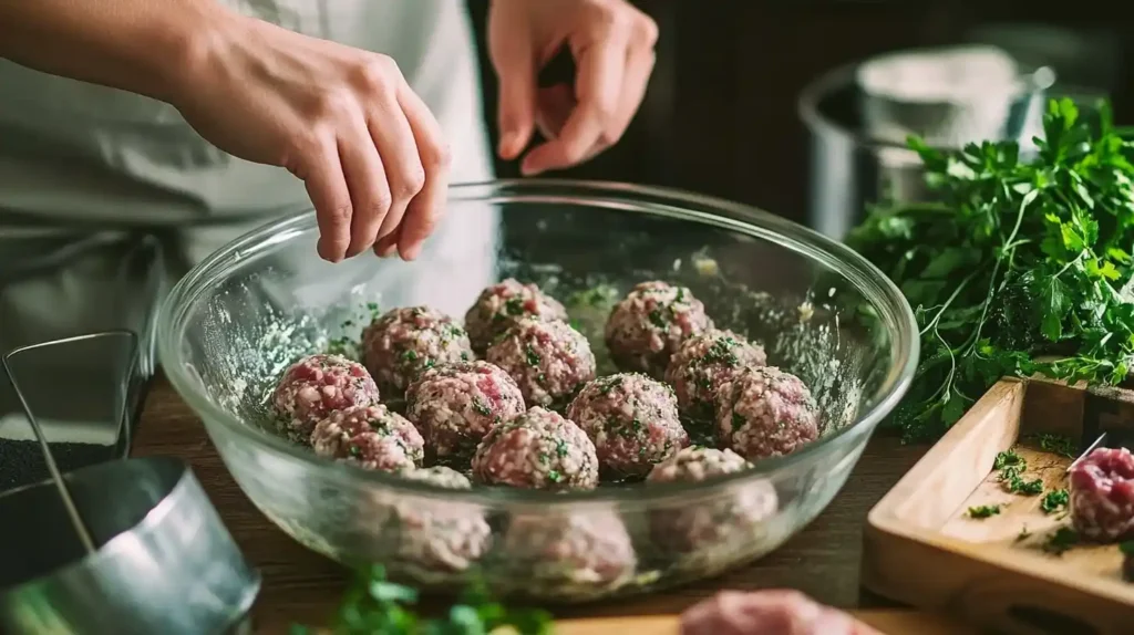 How to Make Meatballs for a Baby Shower Perfect in 5 Steps 5 A person mixing meatball ingredients in a bowl and rolling them into uniform sizes for baking.