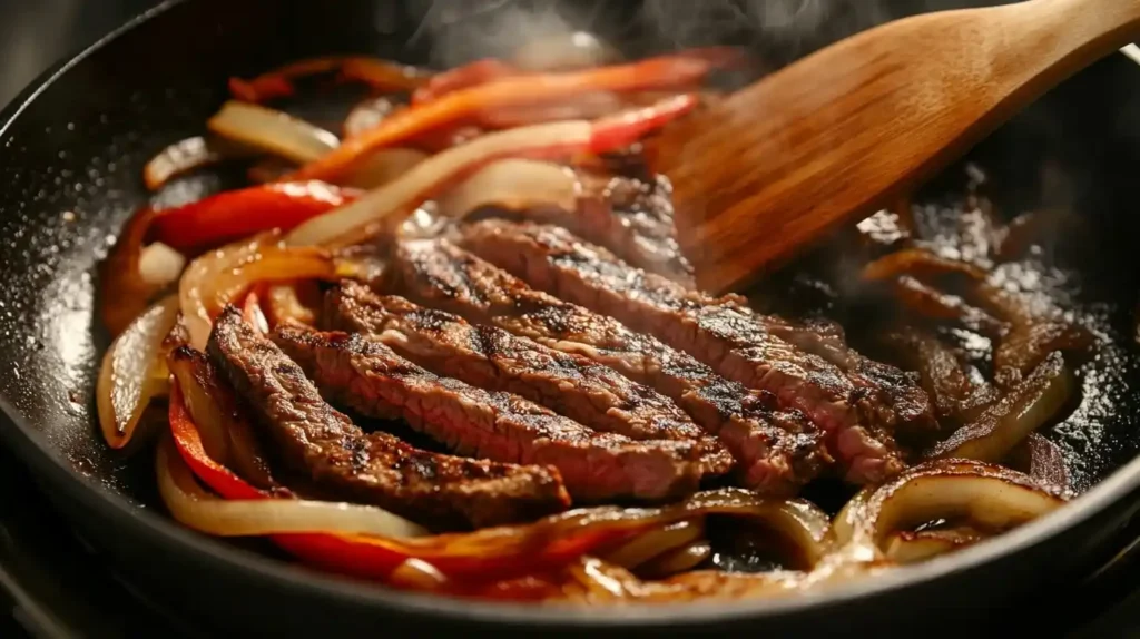 Philly Cheesesteak Tortellini: A Fusion Recipe to Savor 4 Steak, onions, and peppers sizzling in a skillet, preparing for Philly Cheesesteak Tortellini.