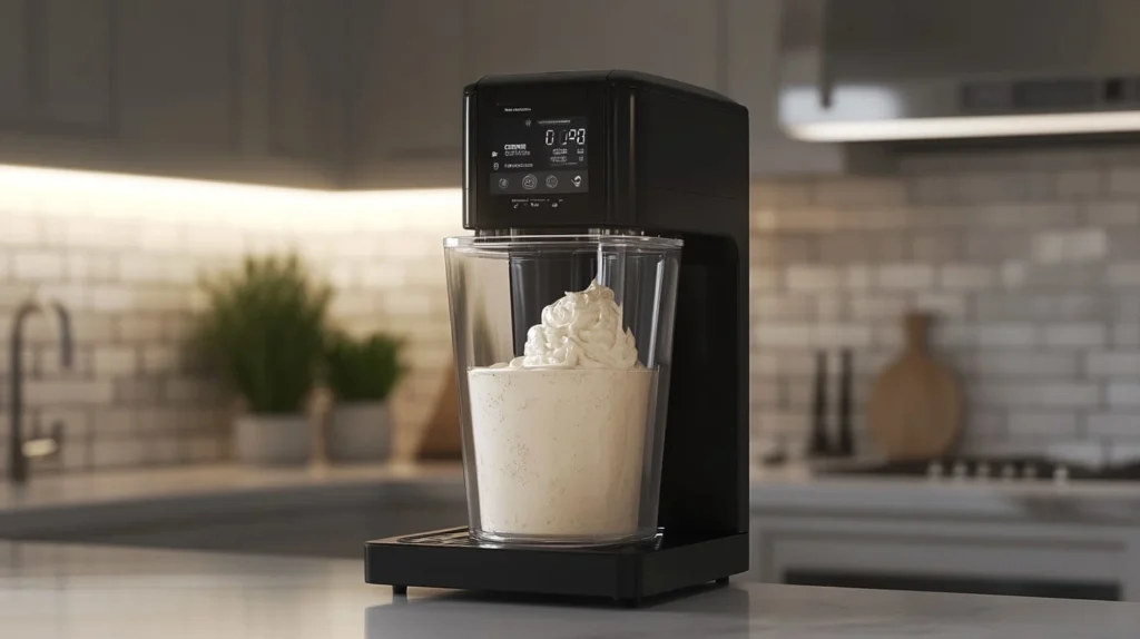 Can You Put a Protein Shake in Ice Cream? 5 A Ninja Creami machine blending protein shake into a thick and creamy high-protein ice cream.