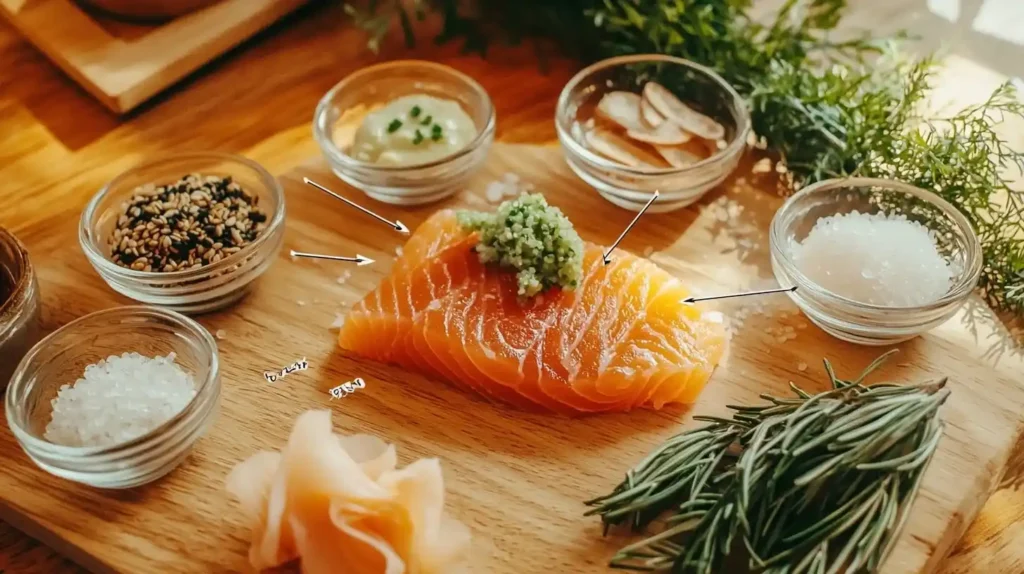 What Does Salmon Nigiri Taste Like? Flavor Profile Explained 2 Salmon nigiri flavor breakdown showing five components: buttery fish, seasoned rice, wasabi heat, natural brine, and umami depth