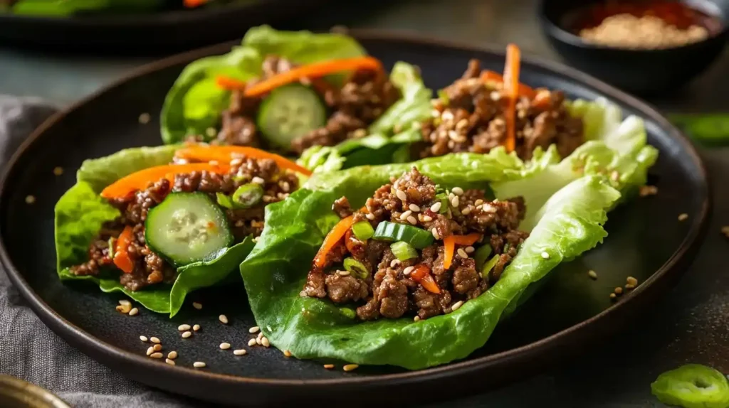 korean ground beef bulgogi 5 Korean ground beef bulgogi served in lettuce wraps, topped with sesame seeds, shredded carrots, and cucumbers.